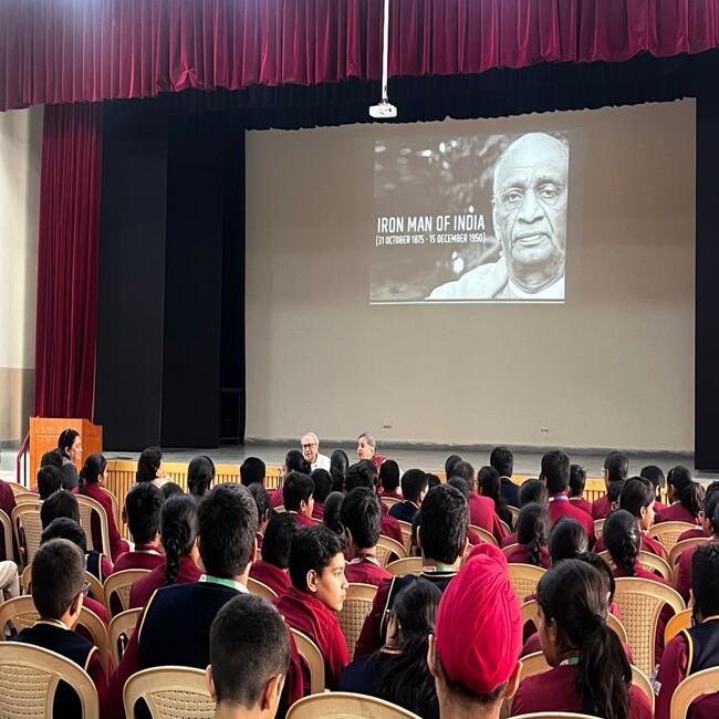 School chairman Mr Goradia enlightens   classes VII and VIII about the Iron Man of India: Sardar Vallabhbhai Patel